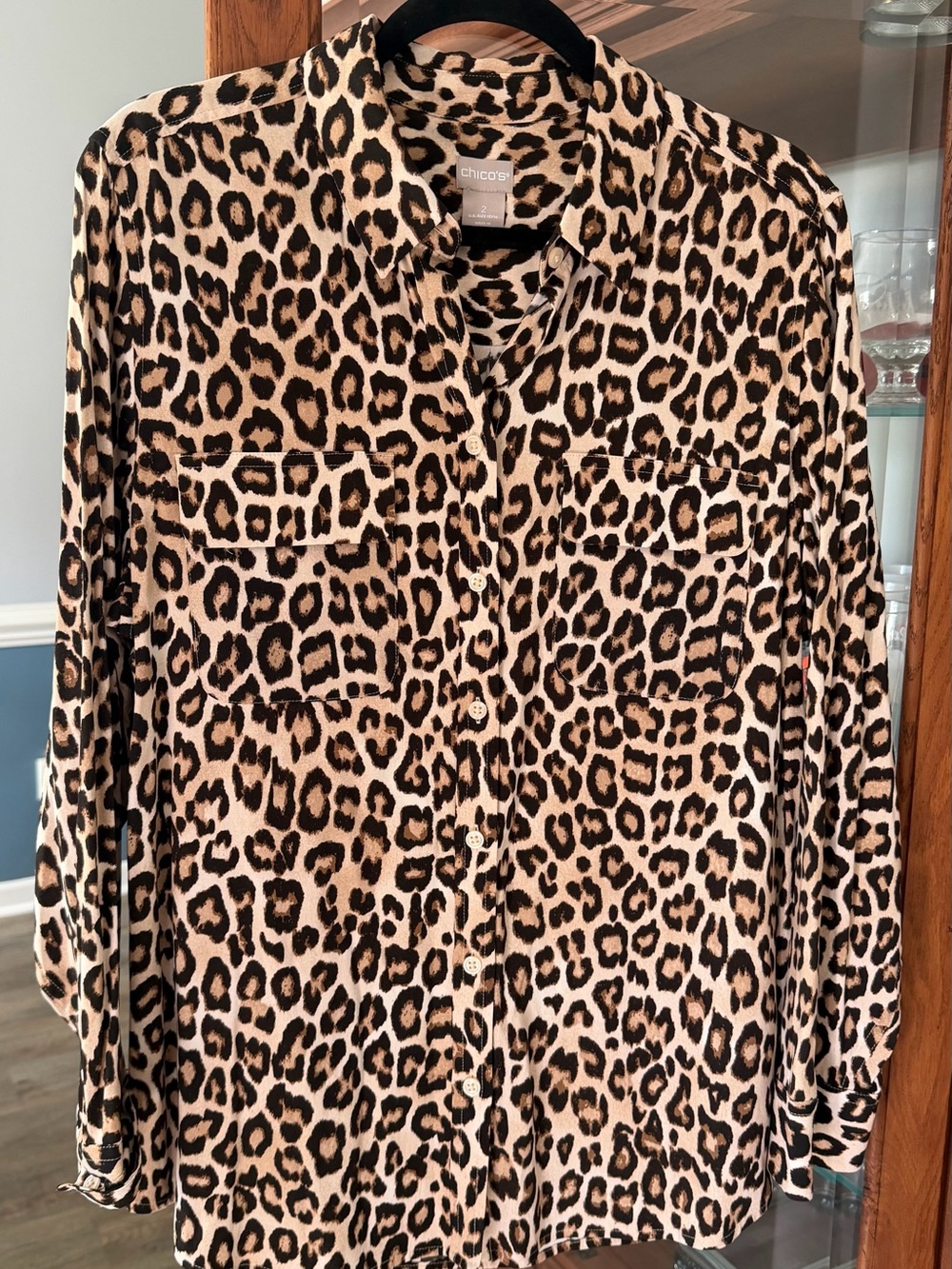 Chico's size 2 SUPER SOFT Leopard Print Button-Down Shirt in Beige and Black